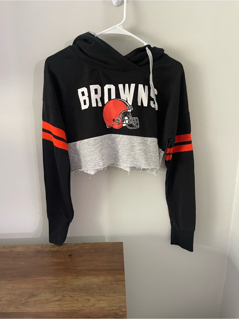 Cleveland Browns Cropped Hoodie with Helmet Graphic - Black, Gray & Orange